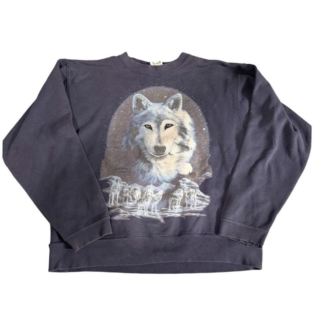 Vtg Cotton Deluxe Wolf Graphic Sweatshirt Mens Large Navy Kewadin‎ Casinos 90s